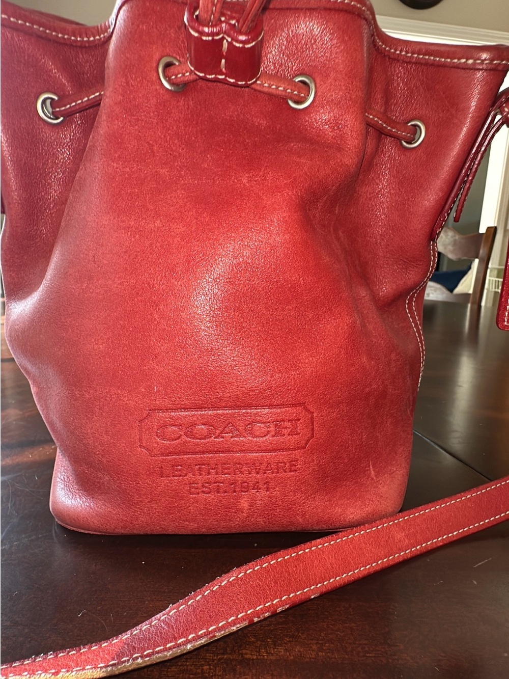 COACH Vintage 1990s Lulus
Legacy Red Glovetanned
Leather Drawstring Bucket Bag